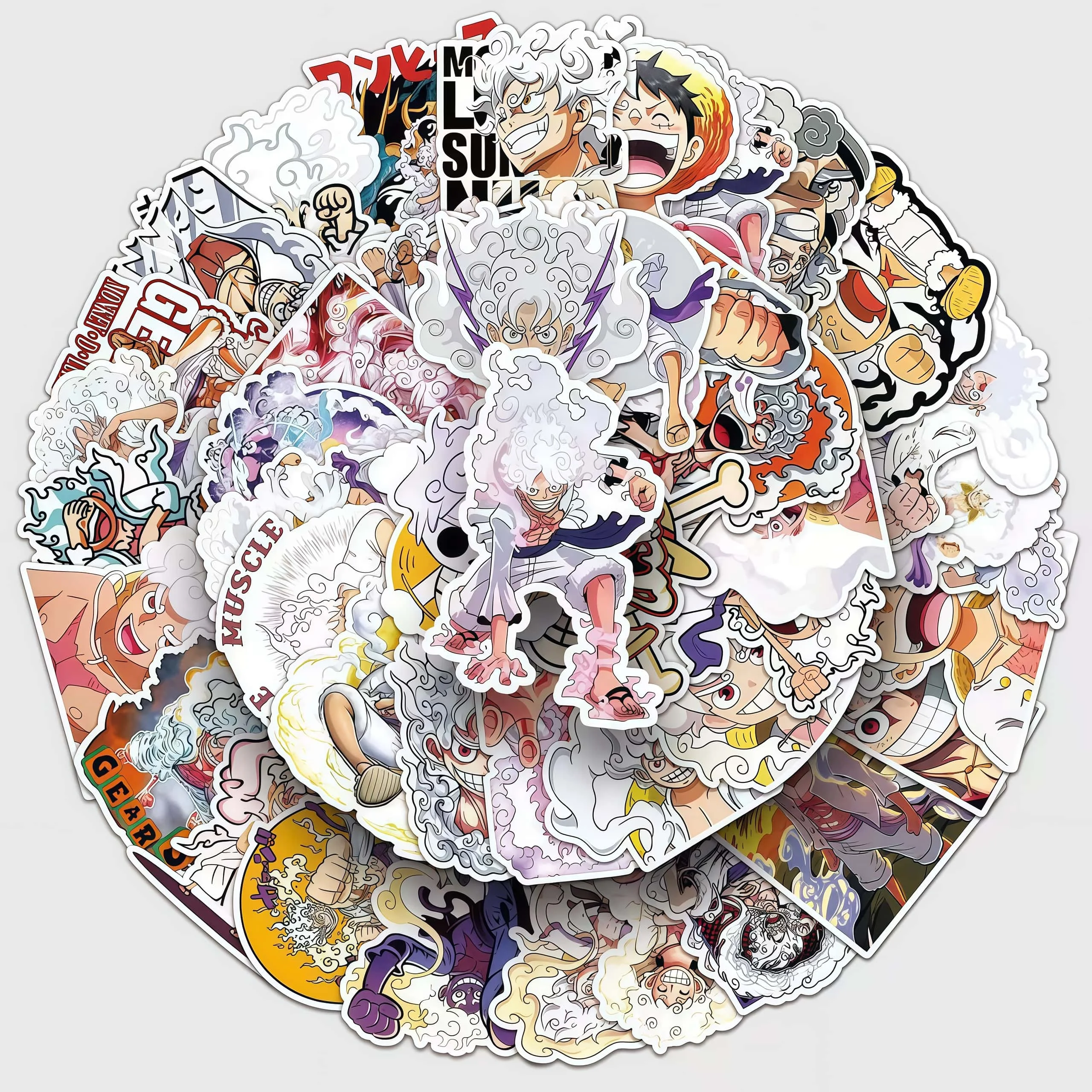 50Pcs One Piece Gear 5 Luffy Nika Sticker Pack, Colorful Sun God Manga Character Decals for Laptop, Water Bottle & Journal DIY
