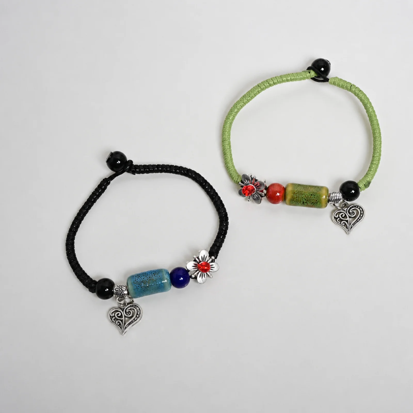 Handmade Ceramic Bracelet with Waxed Cord Handwoven Adjustable Jewelry Metal Accents Cylinder Bead Artisan 608P4-18
