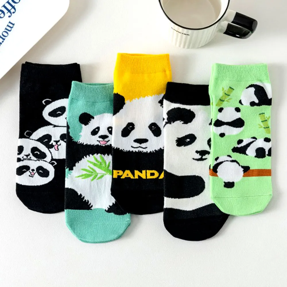 

5 Pairs Women Panda Print Ankle Socks Y2K Lolita Kawaii Style Cartoon Breathable Cotton Short Socks