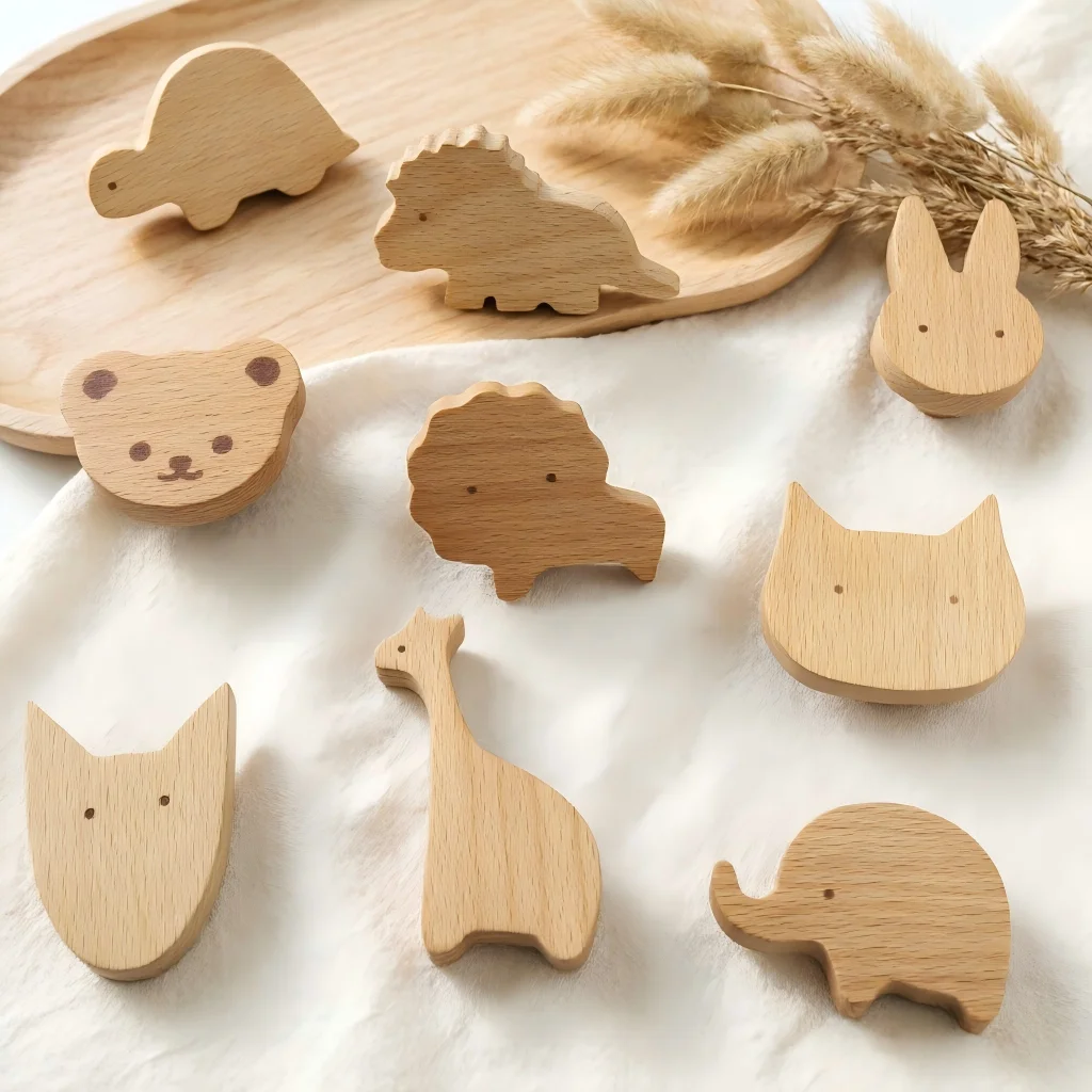 4pcs Creative Solid Wood Cabinet Handle for Kids Room Fun Animal Shaped Cabinet Door Knob Cute Wardrobe Cupboard Drawer Pulls