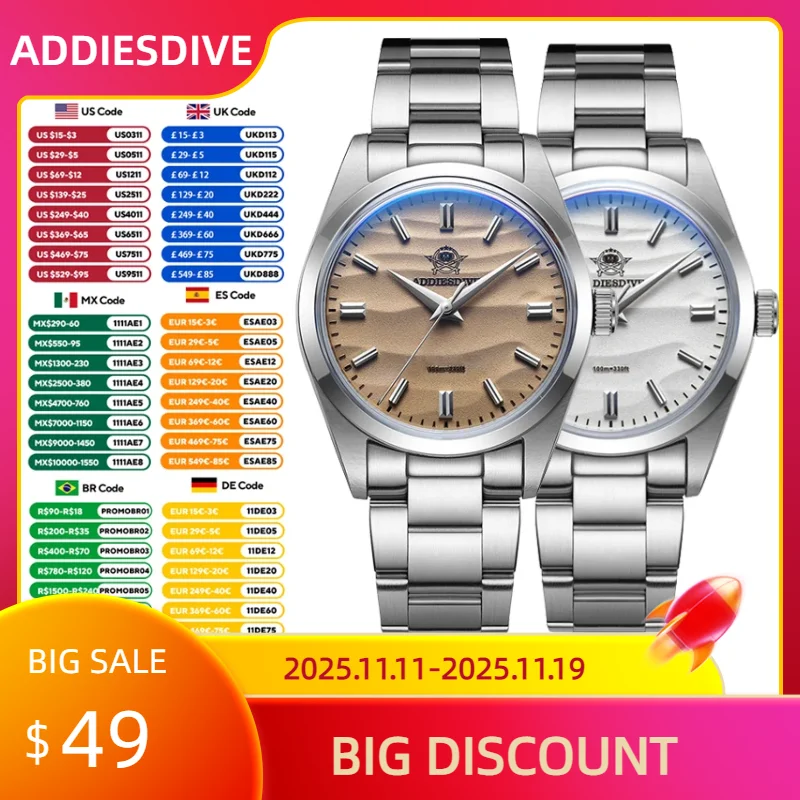 ADDIESDIVE Hot Sale AD2030 Without LOGO Watch Stainless Steel 100M Waterproof Quartz Watches 3D Sand Dial Men's Wristwatch Dress