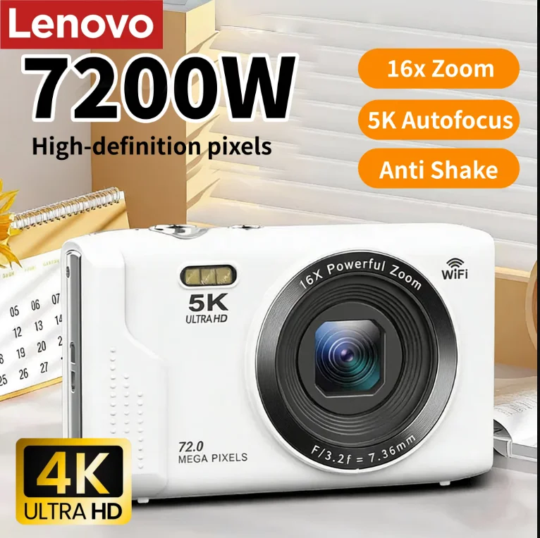 

Lenovo Digital Camera 4K Autofocus 16X Zoom 7200W Cameras Portable with Flash for Boys Girls Students Anti Shake 2.8'' Screen