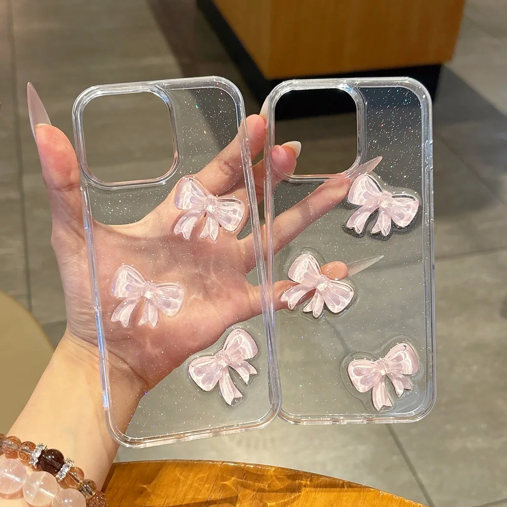 لطيف ثلاثية الأبعاد الوردي Bowknot بلينغ بريق قضية الهاتف آيفون 17 16 15 14 13 12 11 برو ماكس زائد الفاخرة واضح للصدمات غطاء الوفير #4