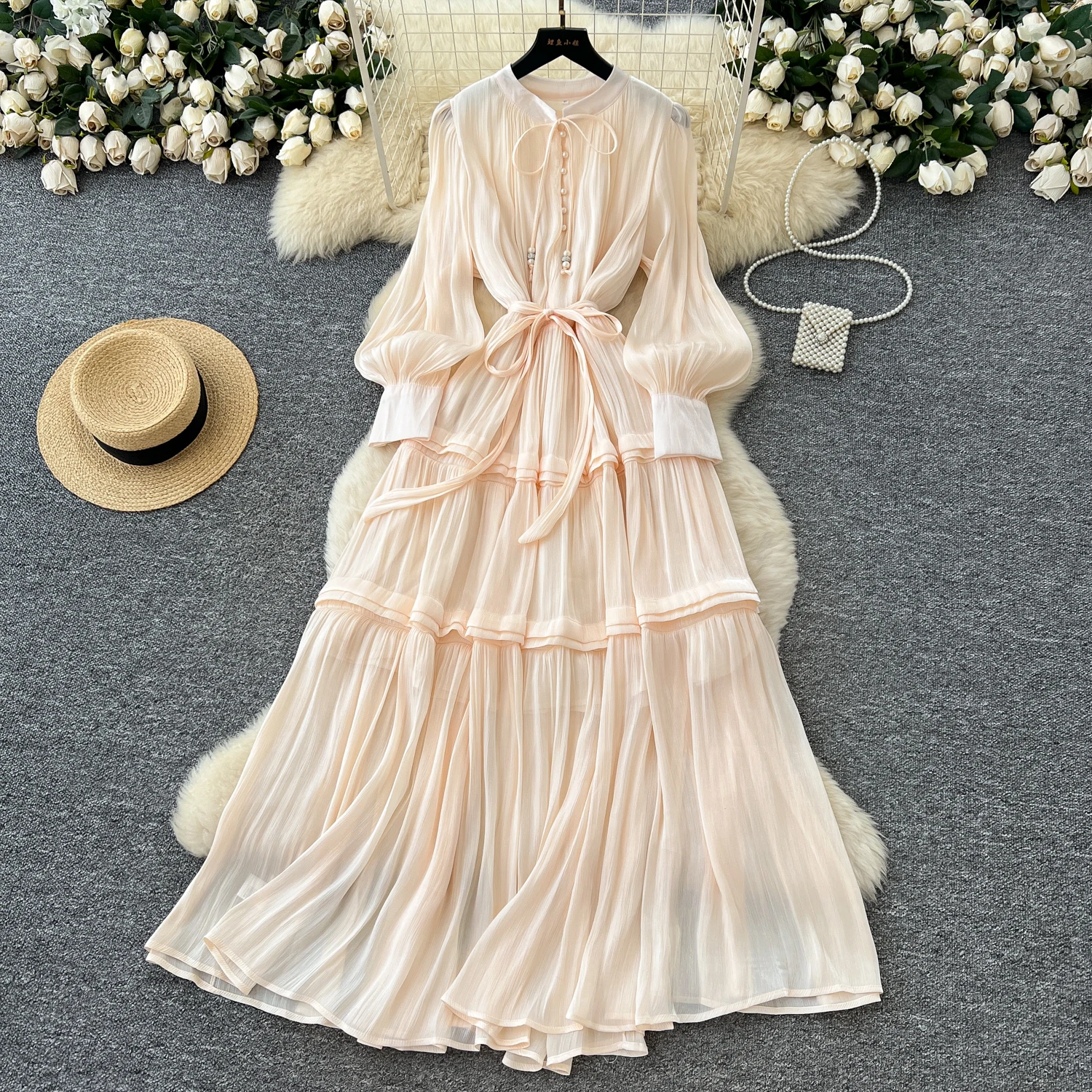 

Элегантные шикарные сетчатые однотонные тонкие длинные платья с рукавами-фонариками, платье на бретелях, французские вечерние комплекты для улицы