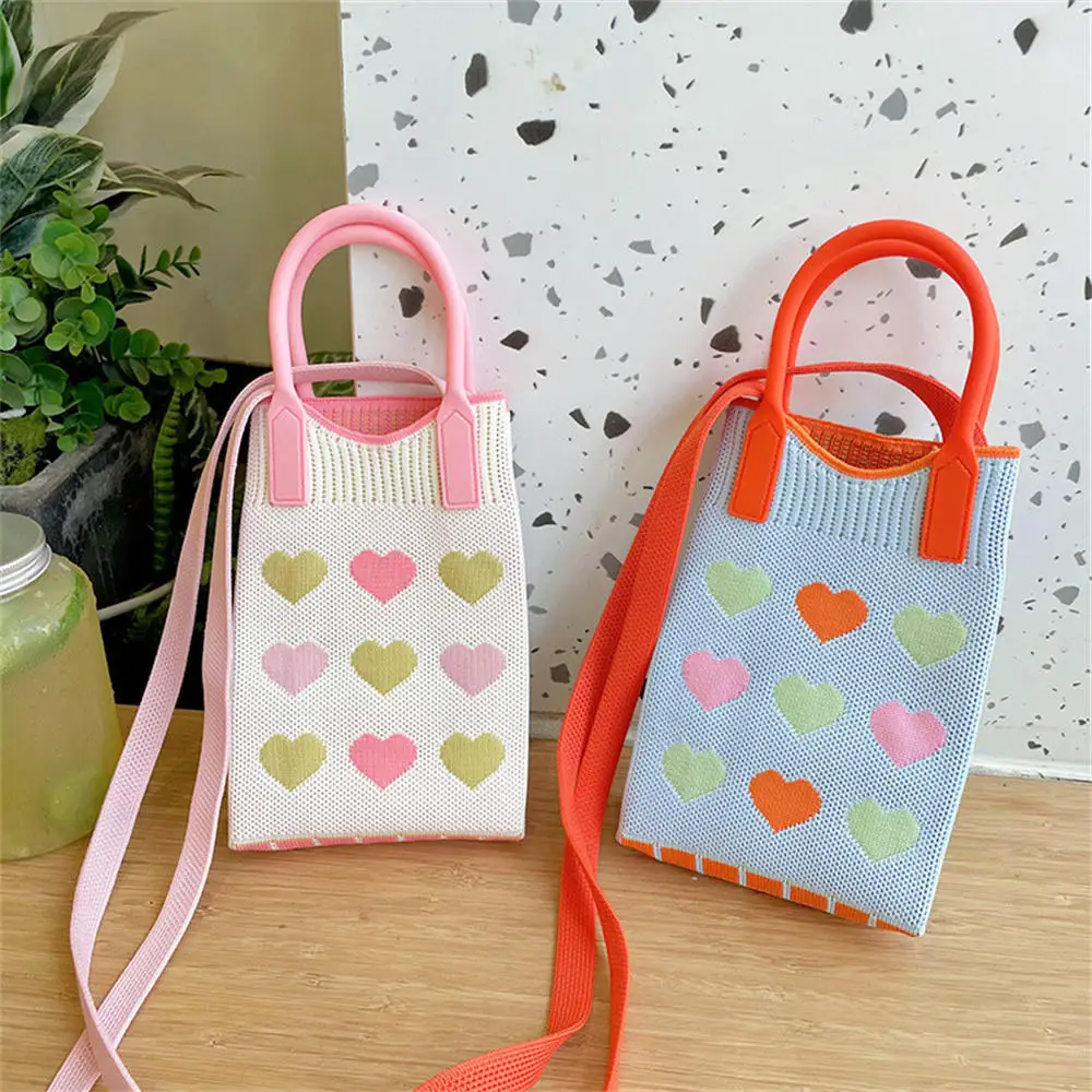 ISKYBOB Mini Shoulder Bag Phone Bag Girl Knitted Bag Coin Purse Pink Love Heart Small Square Bag Casual Handbag 2024 Girls Gift