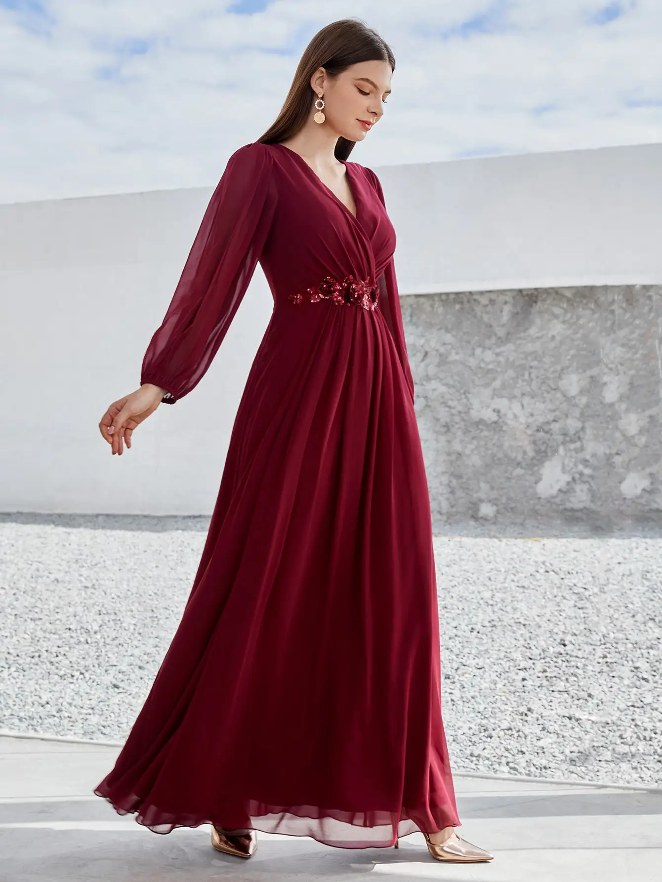 Mgiacy V-neck long sleeve beaded print extra long chiffon Dress Evening gown Ball dress Party dress Bridesmaid dress