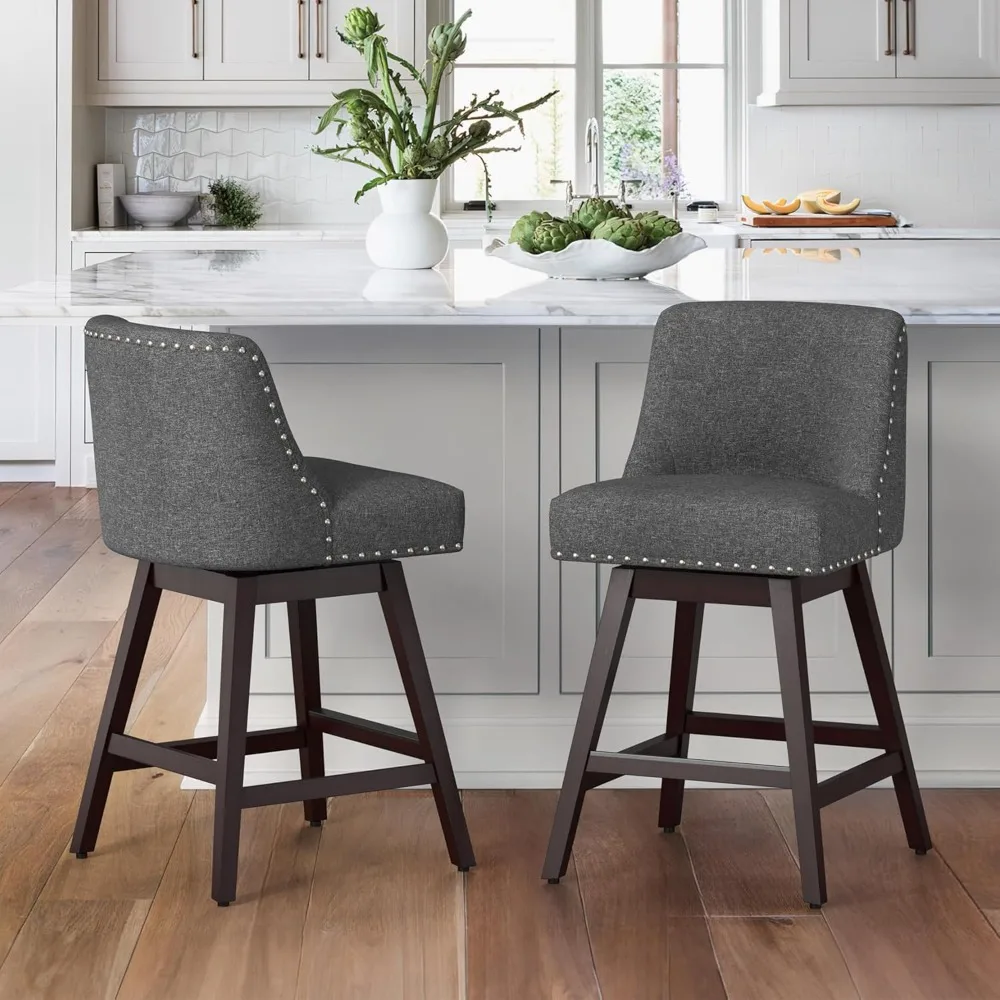 

26 Inch Bar Stools Set of 2, Gray Swivel Counter Stools with Back, Linen Fabric Upholstered Barstools, Solid Wood Legs with Foot