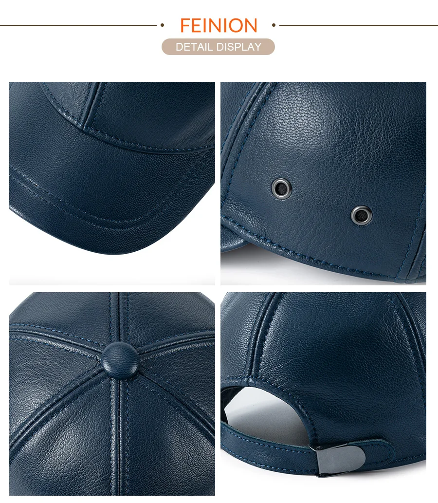 FEINION Unisex-Baseballkappe aus echtem Leder, 100 % Leder, für den Winter, strukturiert, flach, verstellbarer Rückengurt – Detail 8