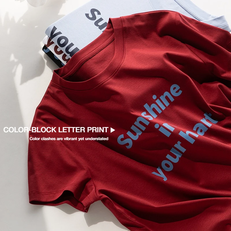 

10% Silk Mercerized Cotton Printed Tee Short T-shirt Women Top Silky Feeling Summer Cooling Wear O-neck Slim Fit Luminous