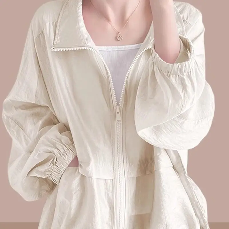 Explosions Sunscreen Jacket Women's 2027 Summer Thin Coat Stand Collar Korean Outwear UV Cardigan Drawstring Overwear Ladies Top