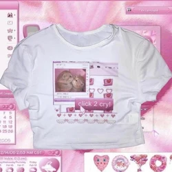 Sexy Harajuku Aesthetic Cat Print Graphic Baby Tee Goth Casual Short Sleev Punk Streetwear Slim Star Y2k Style Crop Tops 2000s