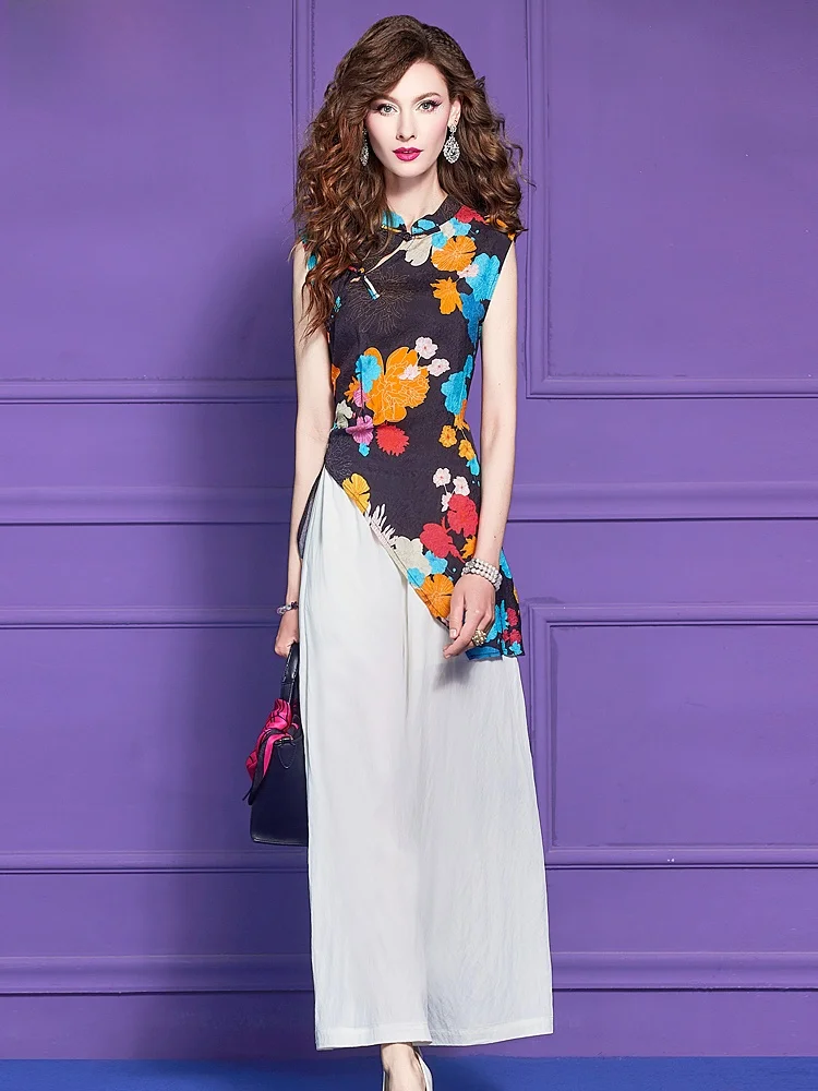 

Phoebe New Chinese Style Floral Print Sleeveless Shirt Women's Summer Irregular Design Retro National Trend Top Fashion