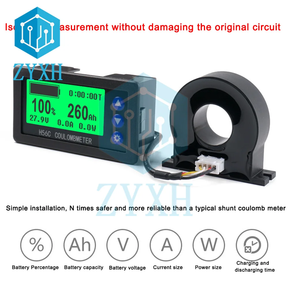 Battery Monitor LCD Hall Coulomb Meter 100V 50A 100A 200A 300A 400A 500A Lifepo4 Lead-acid Li-ion Lithium Capacity Power Display