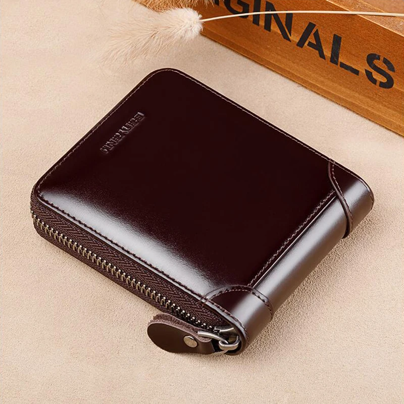 Business Men Cowhide Genuine Leather Purse Anti RFID Zip Coin Wallet with Driver License Holder