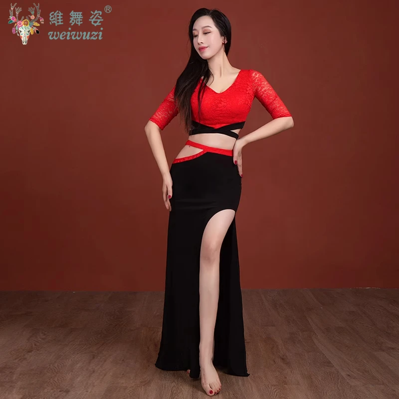 

Belly Dance Practice Clothes Sexy Lace Top+Black Long Skirt Oriental Adult Dance Professional Training Suit Women Dance Clothing