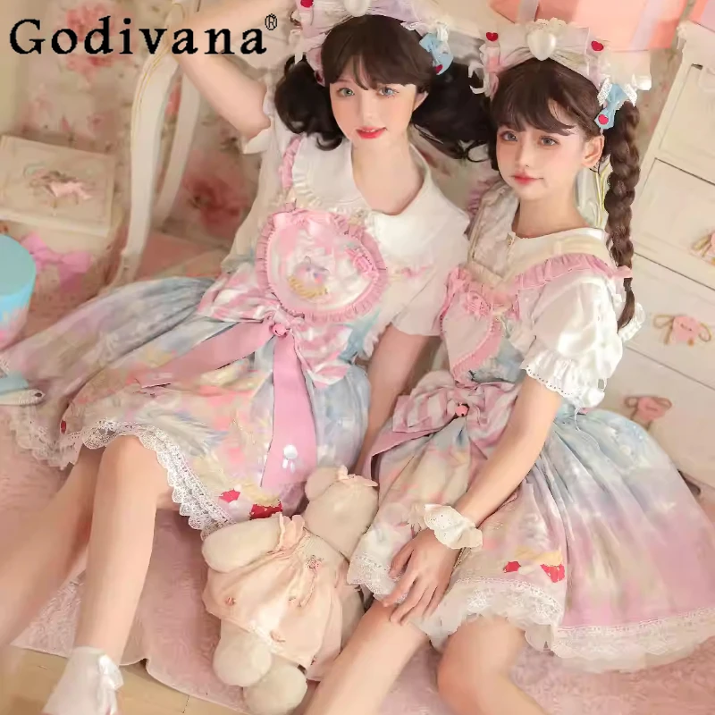 

Spring Autumn new Elegant Lolita Sweet Cute Pink Ruffles Bow Dresses Fashion High Waist Age Reduction Princess Suspender Dress