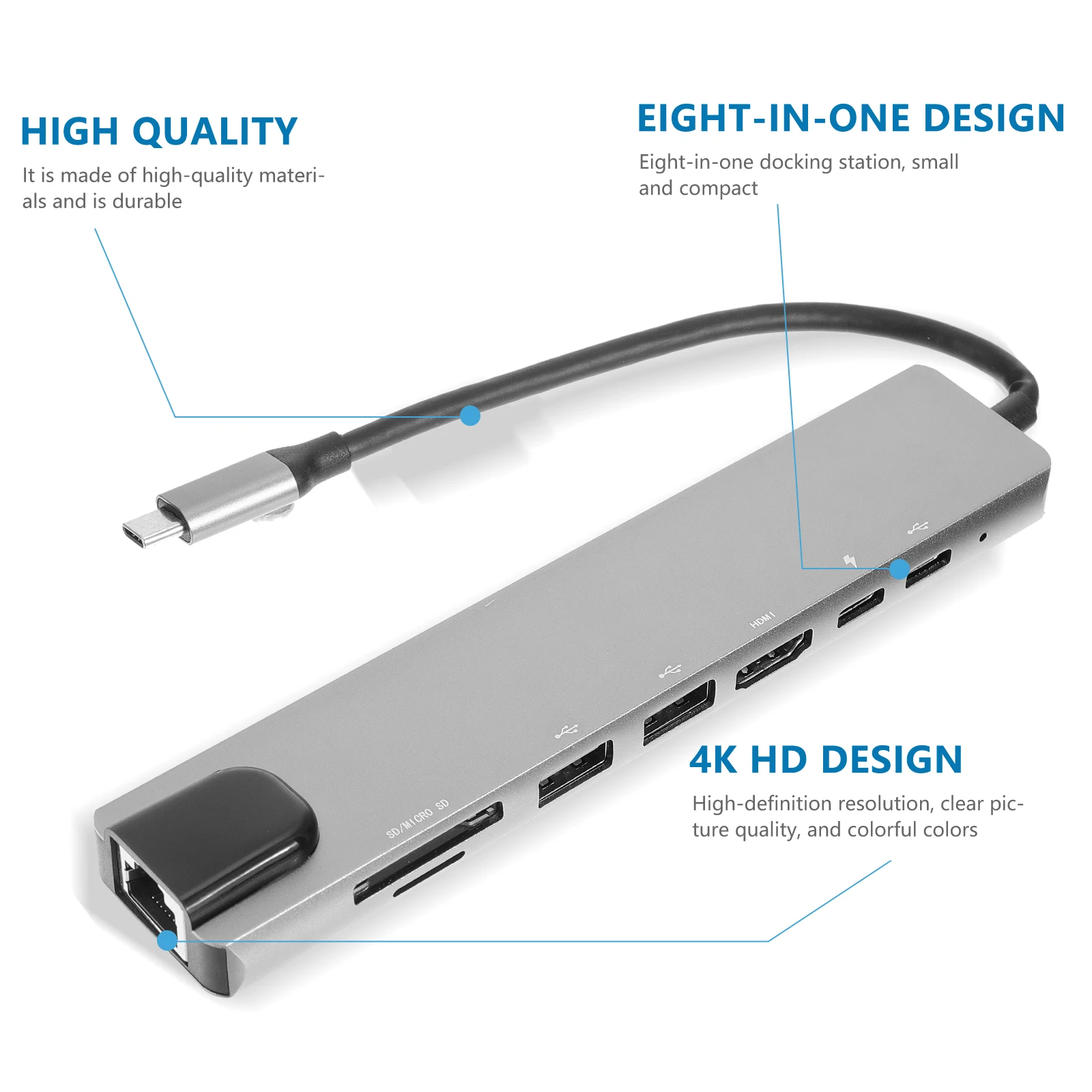 

8-в-1 Hub 3.0 Многопортовый адаптер из алюминиевого сплава для ноутбука Высокоскоростная док-станция для передачи данных Разветвитель Порты расширения Легкий вес