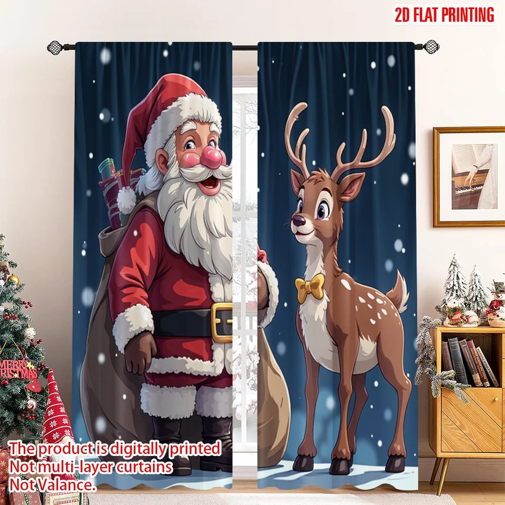

2pcs 2D flat printing Merry Christmas Popular Window Drapes Santa Reindeer Christmas Snow 100% Polyester Fabric Without