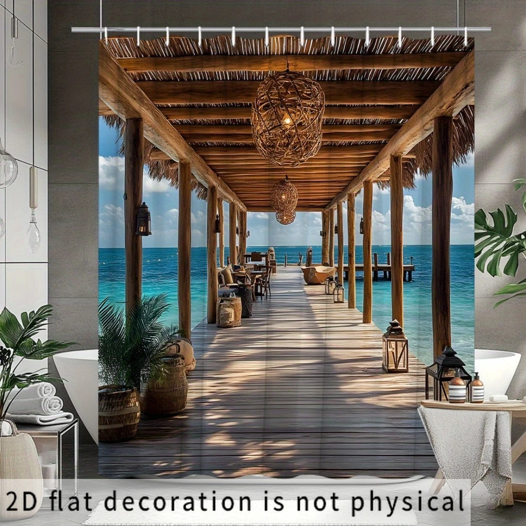 2D Flat, 2D Flat, 2D Flat Shower Curtain 1pc, Seaside Pier Pattern Curtain, Wooden Lantern Base Cushion Chair Thatch Roof Sea Vi