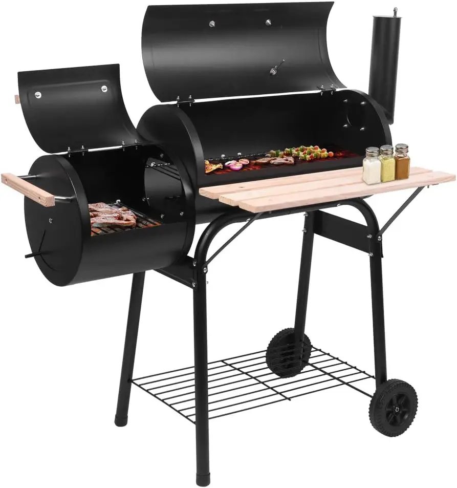 

BBQ Charcoal Grill, Outdoor Patio Barbecue Cooker with Offset Smoker, Wheels and Tray for Balcony Picnics, Party and Camping