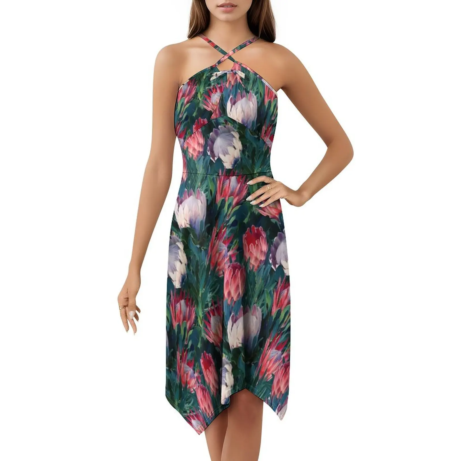 فستان نباتي من Lush Protea بأوراق خضراء زرقاء مثير لقضاء العطلات للنساء على الشاطئ وحفلات أعياد الميلاد فستان قصير King Protea Proteas