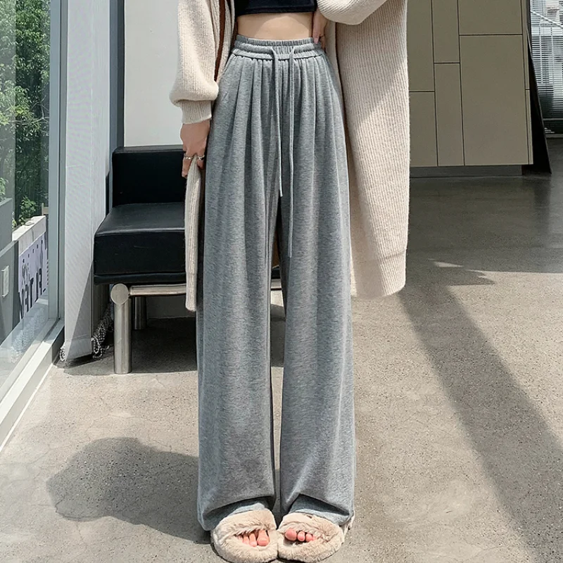 2023 New Autumn Cozy Knitted Full Length Pants Women Fashion Elastic High Waist Wide-leg Trousers Ladies Casual Loose Long Pants