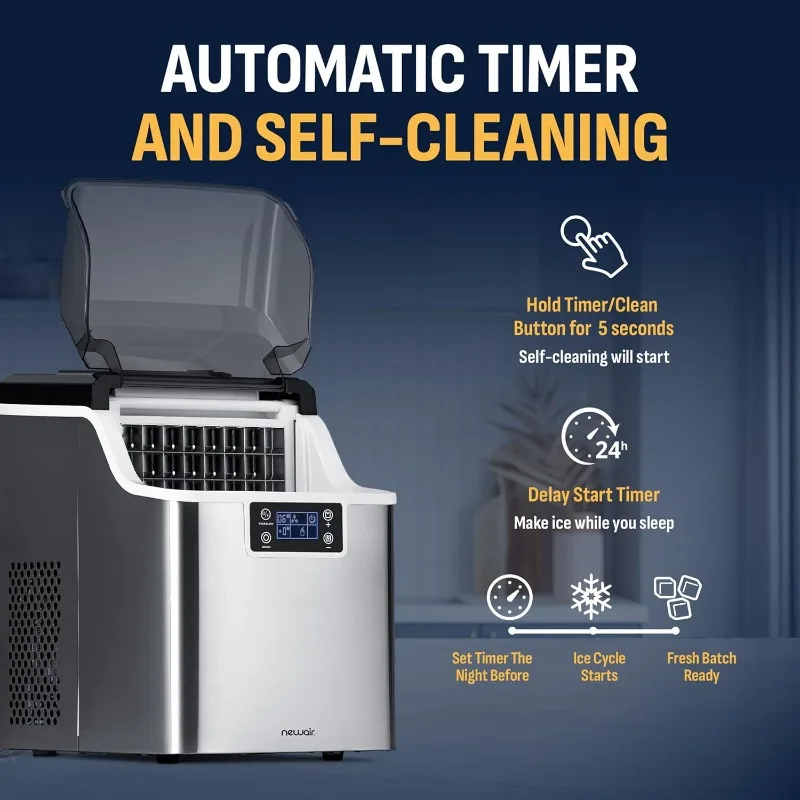 Newair Macchina per il ghiaccio portatile trasparente da banco, macchina per cubetti di ghiaccio da 45 libbre/giorno, funzione autopulente e spessore del ghiaccio personalizzato, timer 24 ore