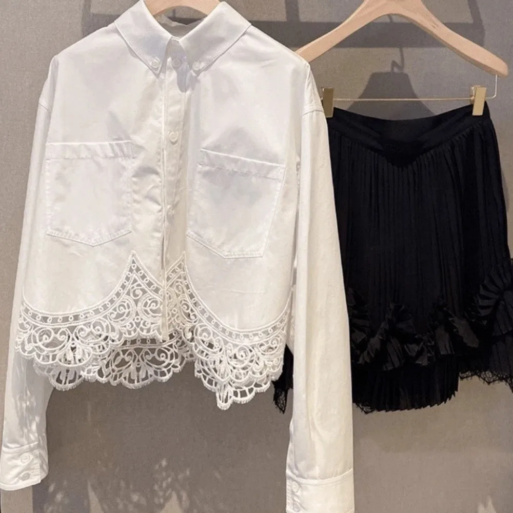 

Irregular Lace Women's Plain Lace Shirt Leisure Lapel Long Clothing Sleeves Korean Style Blouse Simple White Lace Shirts Tops