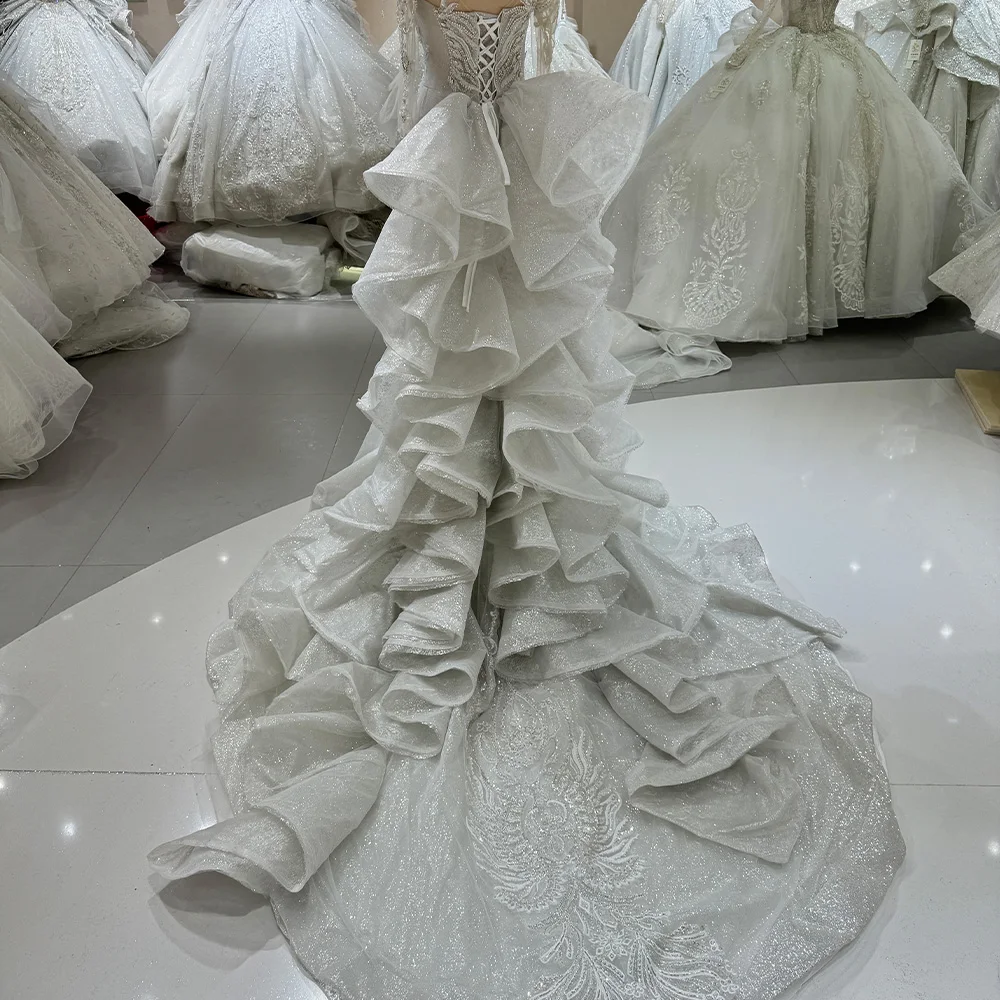 Customized Luxury Pearl Sparkling Princess Wedding Dresses Lace Bridal Dress Tassel Mermaid V-neck Long Sleeve Vestidos De Novia