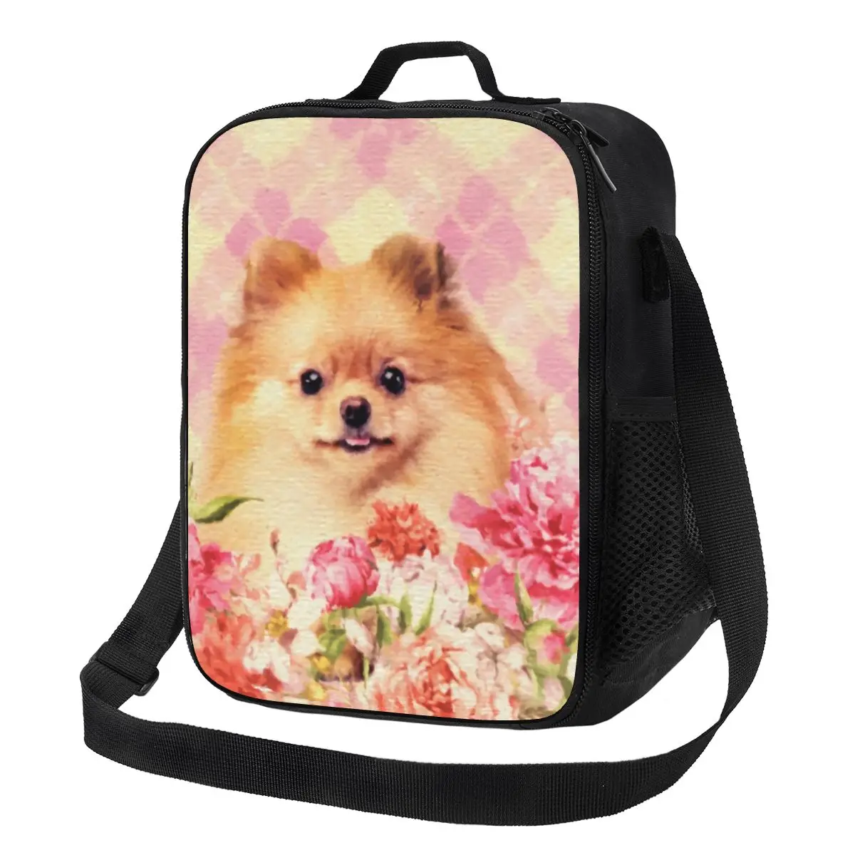 Cute Pomeranian German Spitz With Flowers Portable Lunch Box for Waterproof Pet Dog Thermal Cooler Food Insulated Lunch Bag Kids