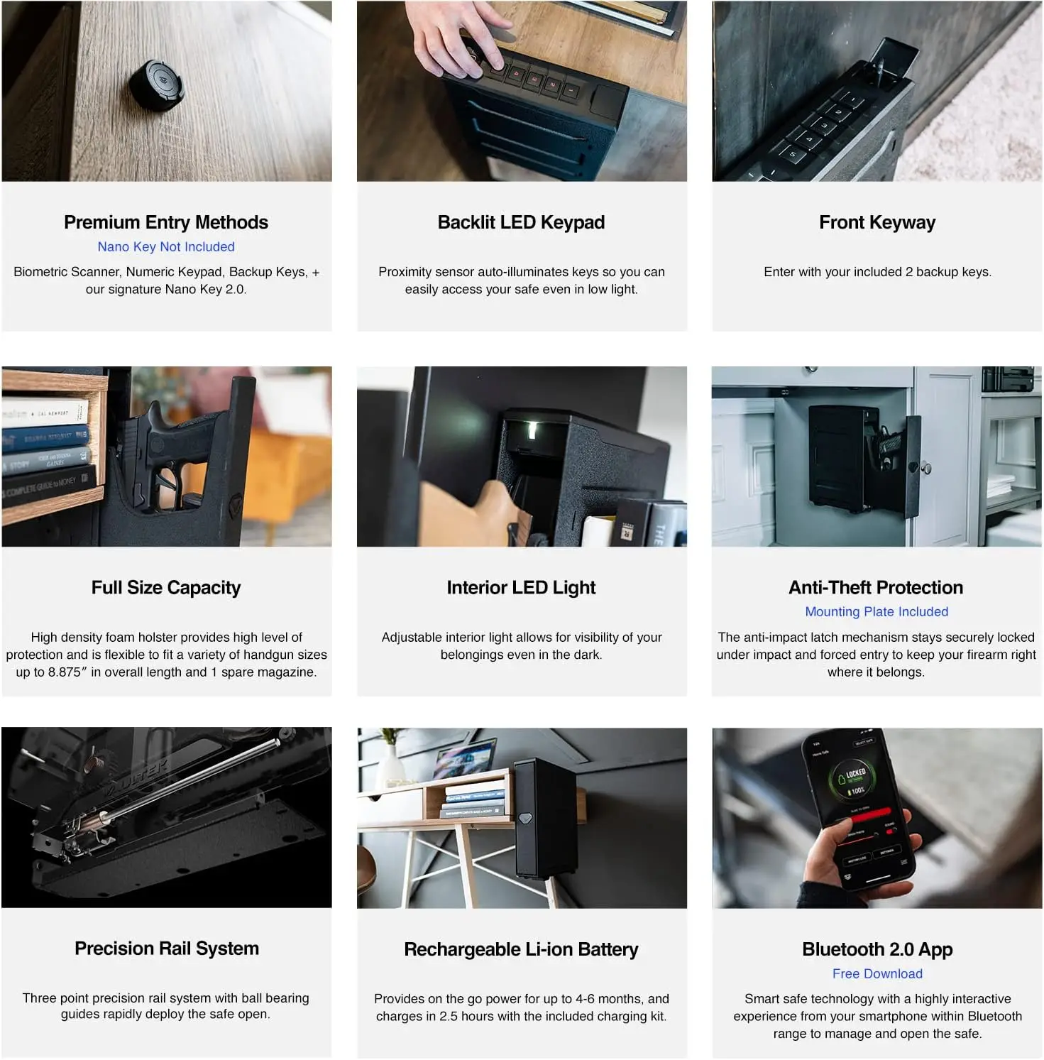 Slider Series Rugged Smart Handgun Safe Quick Auto-Open Sliding Door Pistol Safe with Biometric Scanner, Rechargeable Li-ion Bat