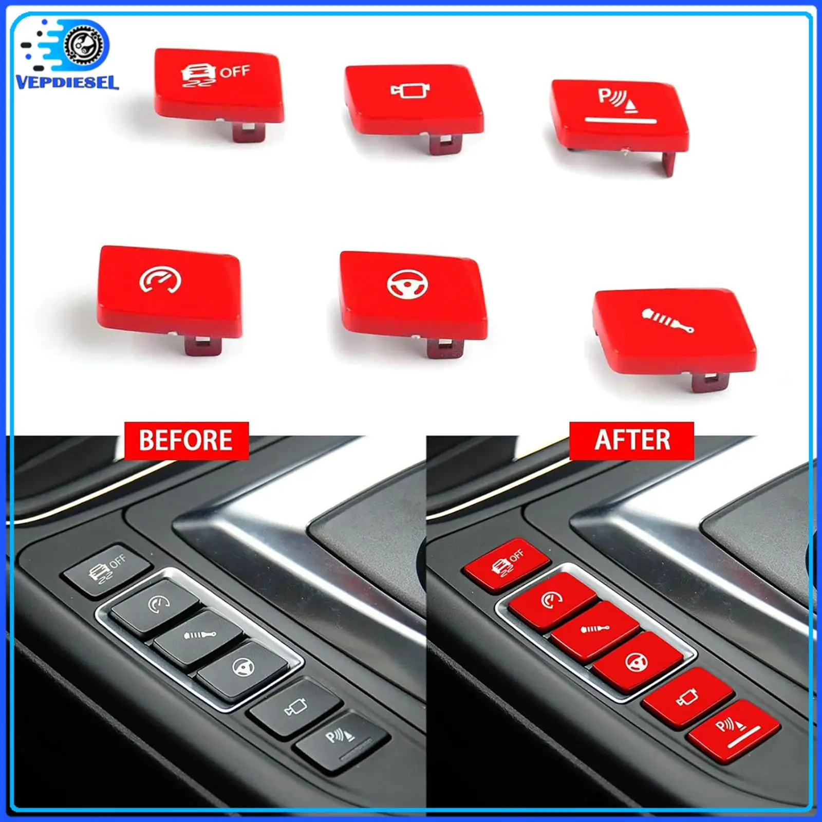 

6pcs Red Shift Button Cover Trim For BMW M3 F80 M4 F82 l6 3.0L 2015-2010 Car Interior Accessories