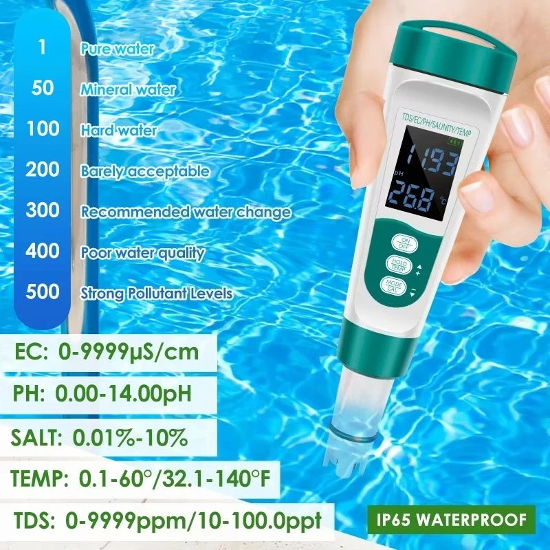 JINLI 5 in 1 PH TDS EC Salt Temperature Water Tester for Pool Hydroponics Aquarium