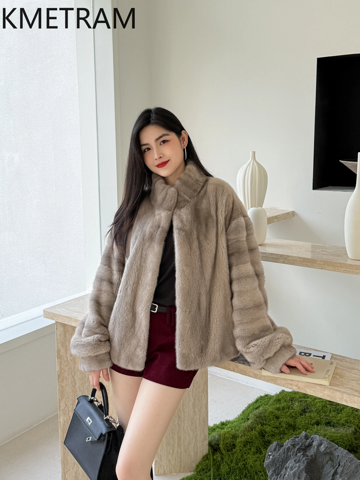 سترة KMETRAM 100% من فرو المنك المخملي للسيدات بياقة واقفة معطف قصير من الفرو الحقيقي عالي الجودة ملابس نسائية شتوية 2025 schuba femenska
