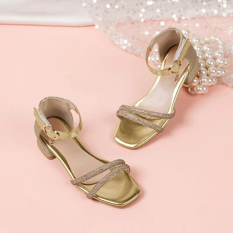Children's  Gold Glitter Sandals - Rhinestone Straps Ankle Buckle Low Heel Sparkly Party Footwear for Kids Girls Shoes 27-37