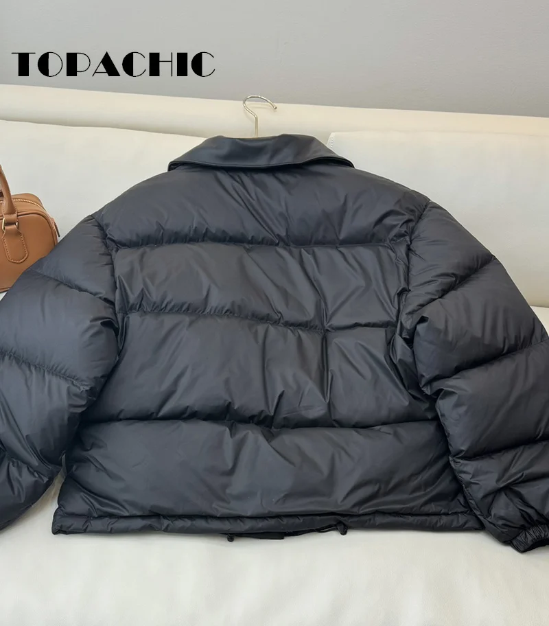 9.22 TOPACHIC-Women Letter Leather Lapel Bread Down Jacket Loose Keep Warm Short Duck Down Outerwear