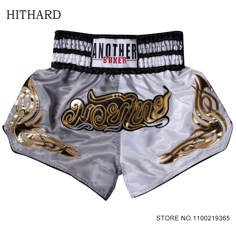 Short Muay Thai Gray White Boxing Shorts Women Kids Gym Fitness Training Martial Arts MMA Clothing Satin Fight Kickboxing Pants