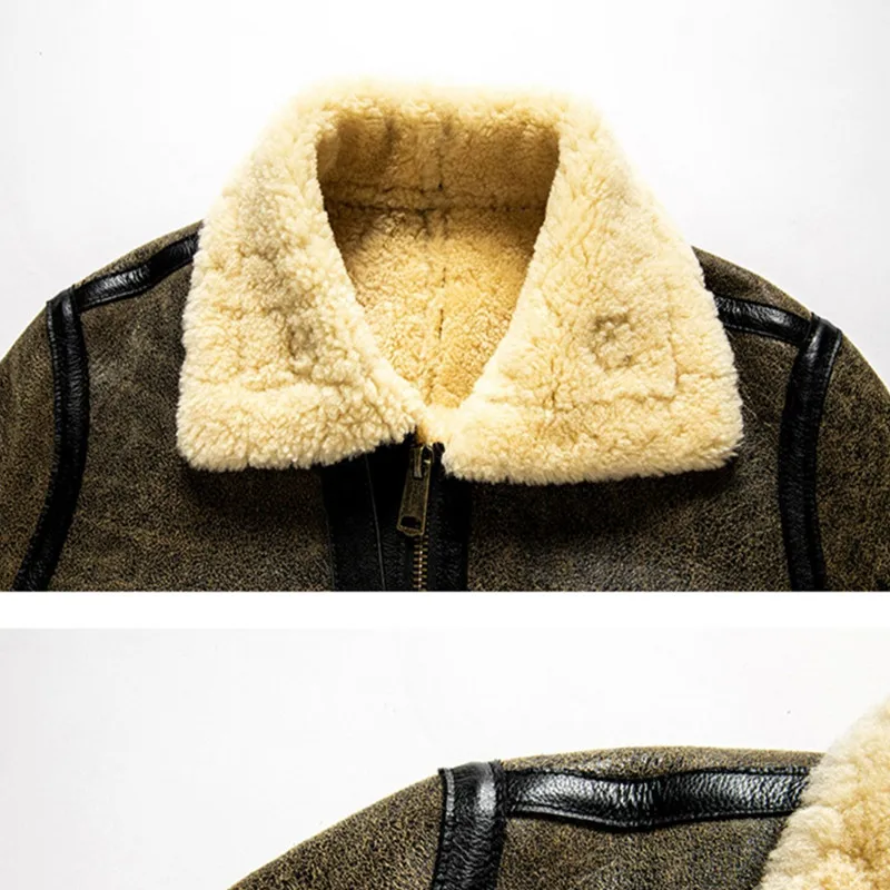 Vintage Brown Winter Men\'s Shearling Jacket Plus Size 6XL Military Style Natural Thick Sheepskin B3 Bomber Genuine Leather Coats