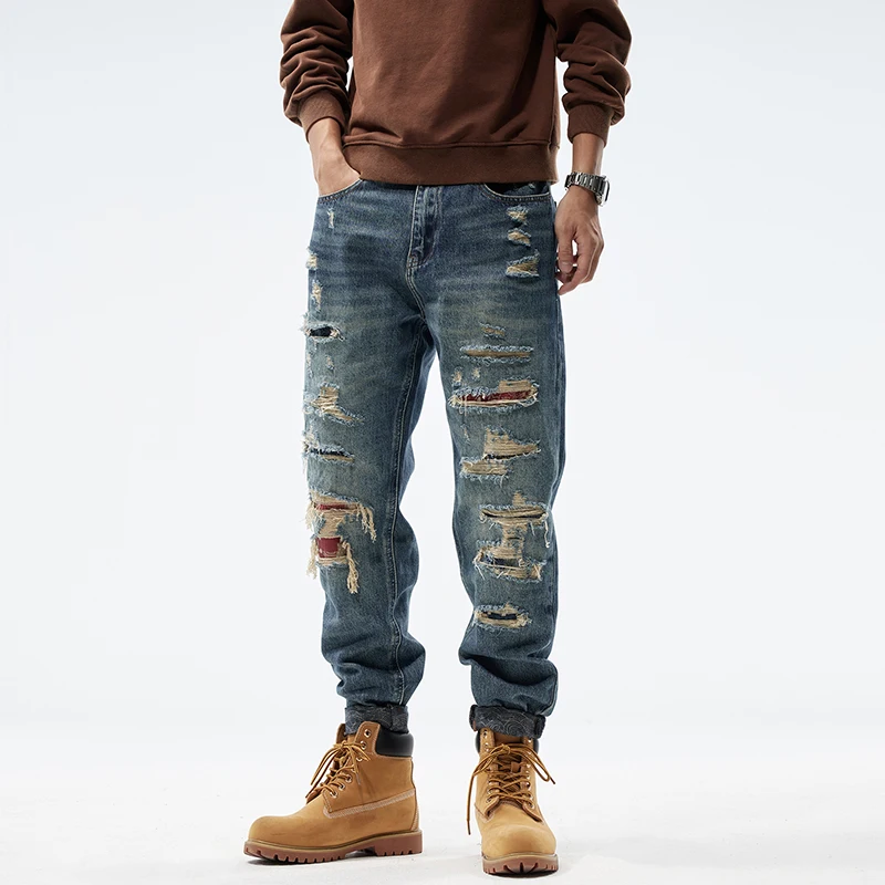 

Spring and Autumn American Scratched Ripped Jeans Men's Japanese Loose Straight Harem Pants Jeans Men clothing Baggy Jeans