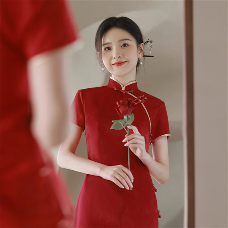 Red Festive Costume Retro Improved Qipao Jacquard Satin Cheongsam Stand Collar Short Sleeve Side Slit Slim Fit Dress for Women