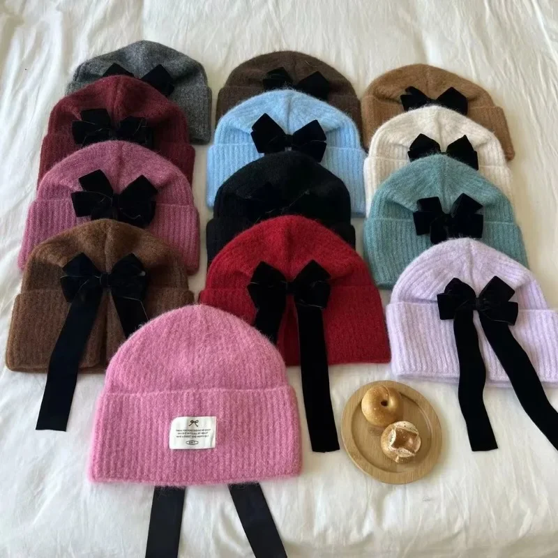 Autumn Winter Japanese Cute Sweet Bow Big Head Wool Beanie Hat Women Korean Warm Versatile Knitted Ear Protector Cold Hat