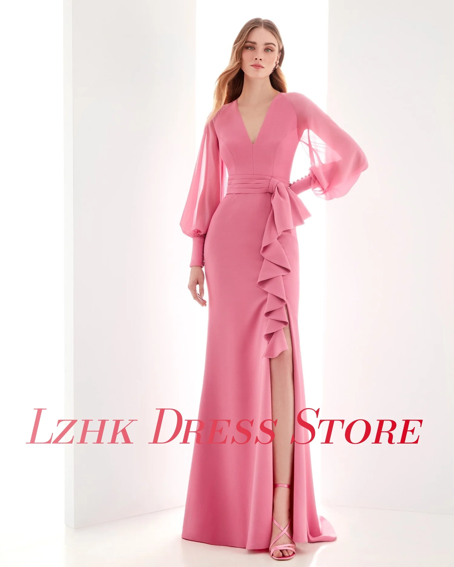 Personalizado gracioso jérsei sereia botões em camadas babados vestido de noite de alta qualidade mangas compridas com decote em v vestidos de celebridades