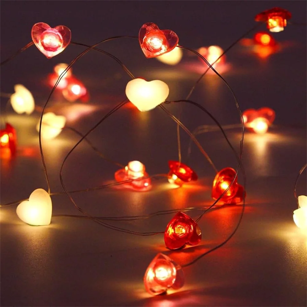 2M 20LED Red Pink White Heart String Lights Valentines Day Romantic Decoration Fairy Lights Garland for Wedding Home Decorations