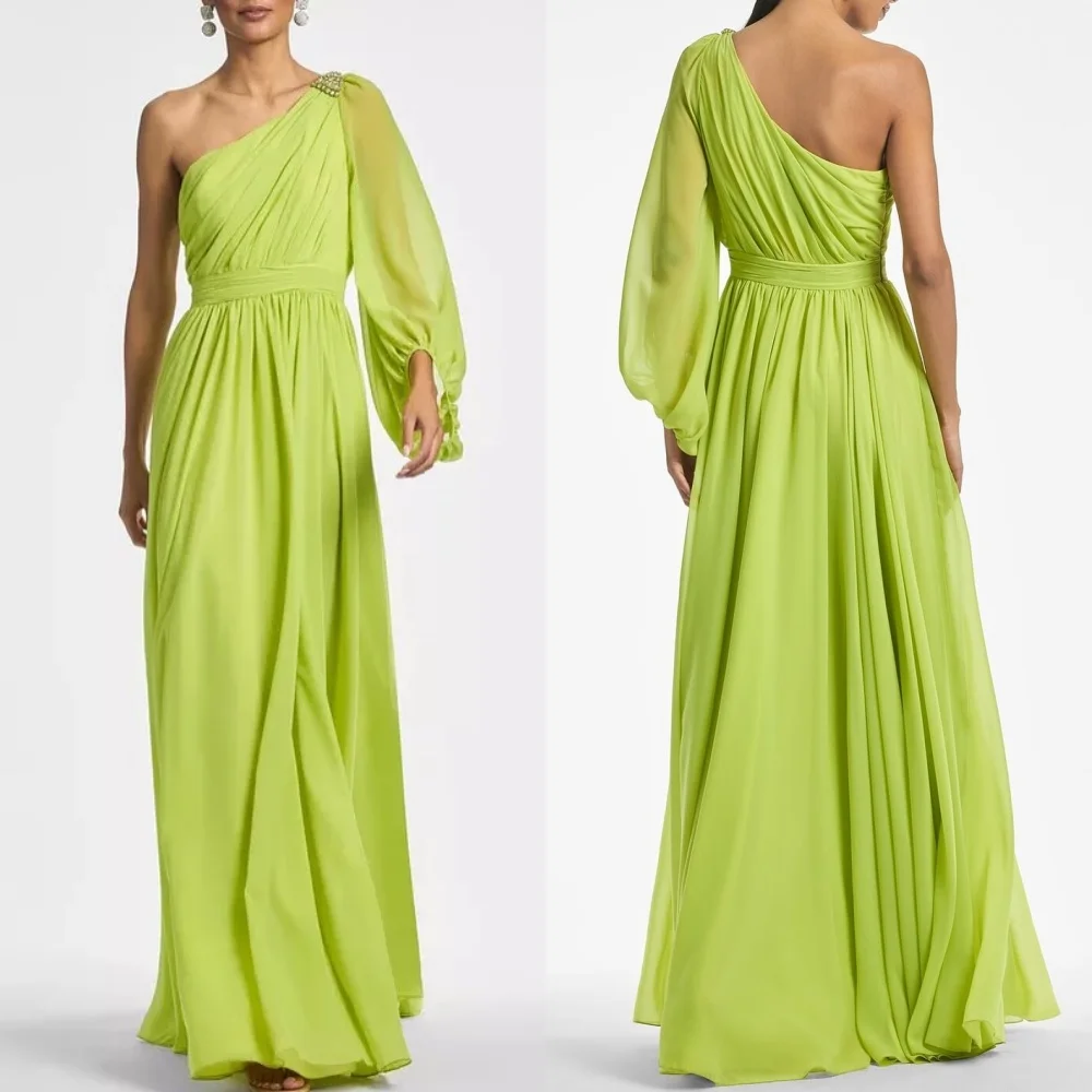 

Customized High Quality Fashion Chiffon Rhinestone Pleat Straight One-shoulder Long Dresses Bespoke Occasion Dresses Matching