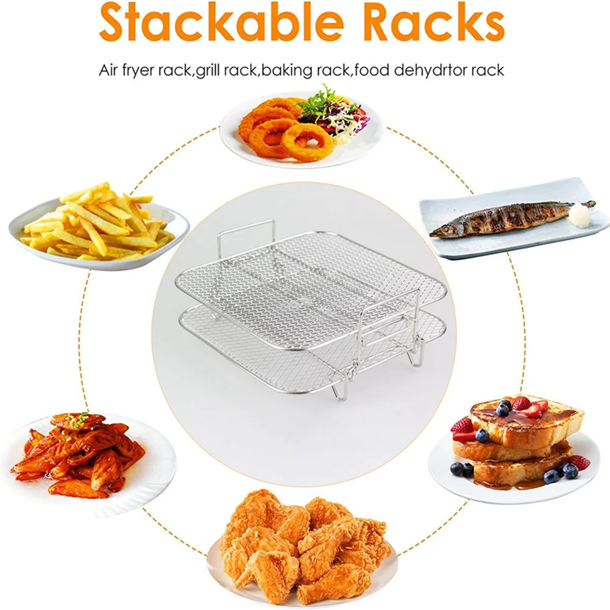 A86I-Stainless Steel Air fryer Pot Double Layer Rack Versatile Square Roasting Grill Air fryers Holder 5QT/5.7QT/6.8QT