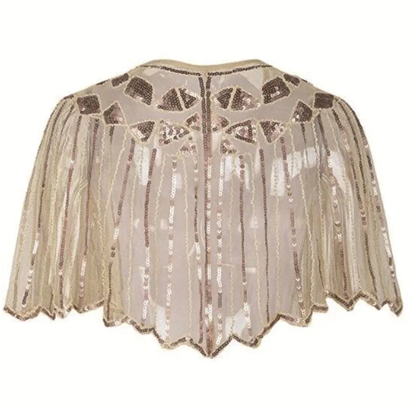 Women Vintage Sequin Mesh Cape Shrug Short Open Front Bolero Sheer Lace Beaded Shawl Evening Wedding Dress Cover Up Outerwear