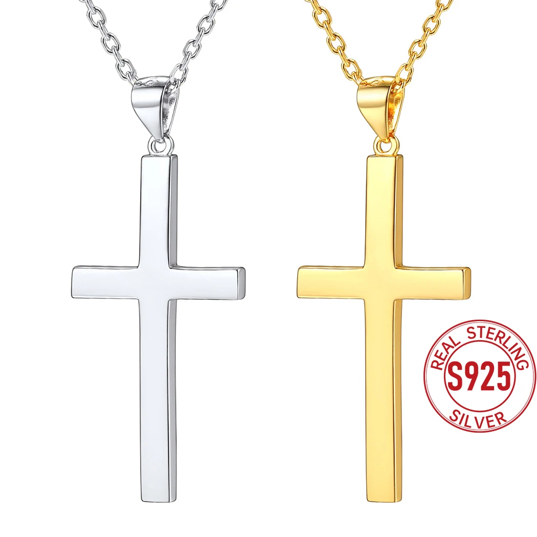 U7 Collana con croce in argento sterling 925 4.4g Ciondolo croce lucido Catena Rolo Minimalista Religioso Cristiano Regalo di gioielli unisex