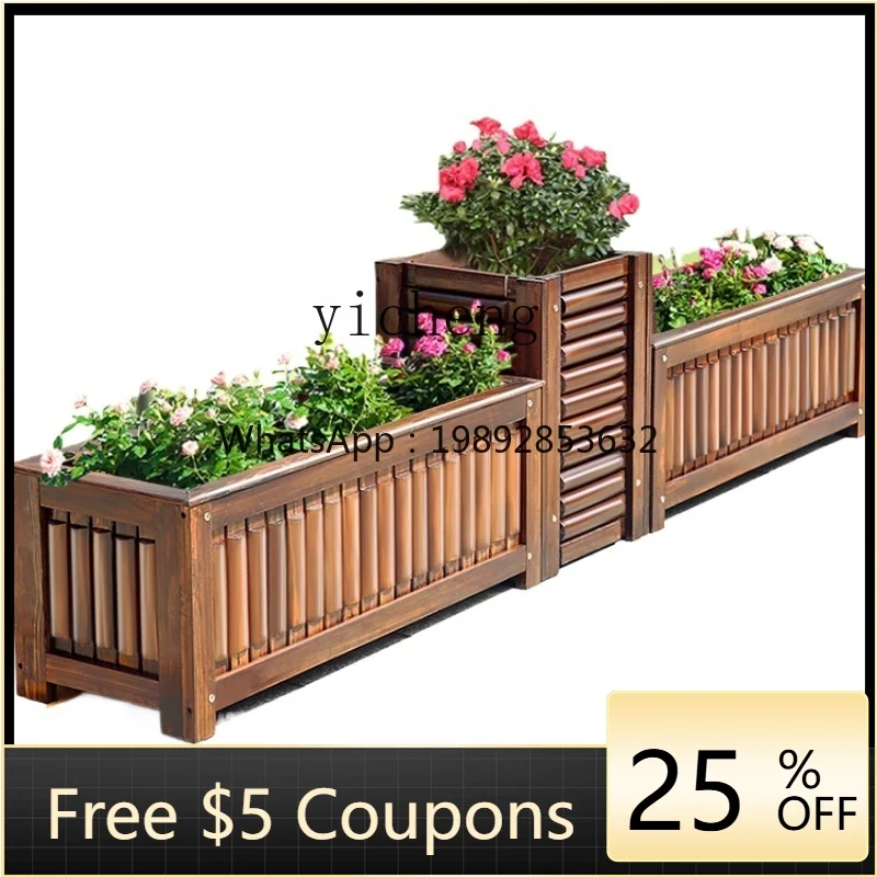 

Antiseptic Wood Flower Box Outdoor Carbonized Solid Wood Planter Combination Flowerpot Garden Planting Balcony