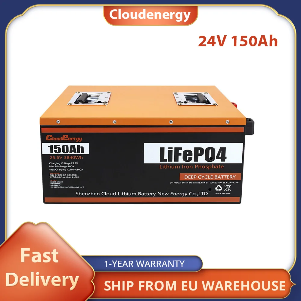 Cloudenergy 24V 150Ah LiFePO4 Battery Pack Backup Power, 3840Wh Energy, 6000+ Cycles, Built-in 100A BMS Perfect Support Series