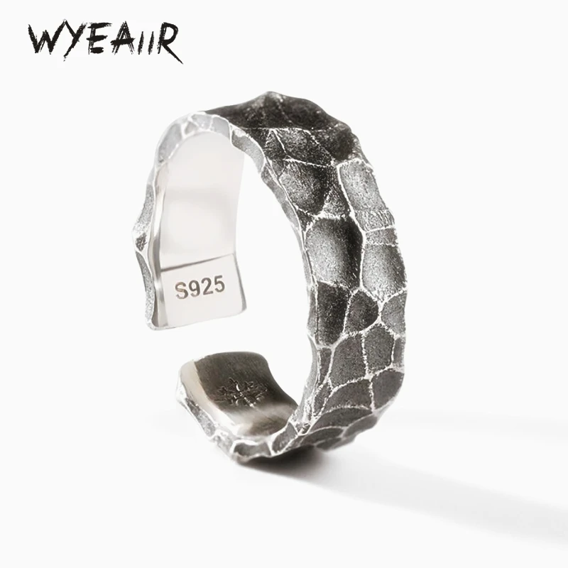 WYEAIIR 925 Sterling Silver Retro Stone Texture Male Resizable Opening Ring For Women Luxury Jewelry